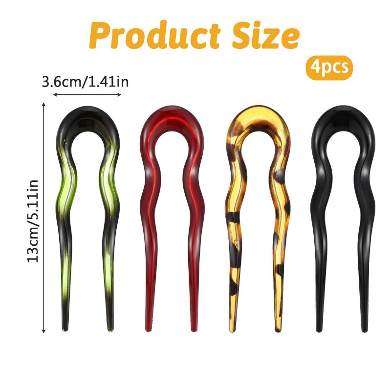 DOPENSPI 4PCS French U Shaped Hair Fork, Curved Tortoise French Hair Pin U Shaped 2 Prong Updo Curved Retro Fork Sticks Hairpin with Two Prongs for Women Girls - Image 3
